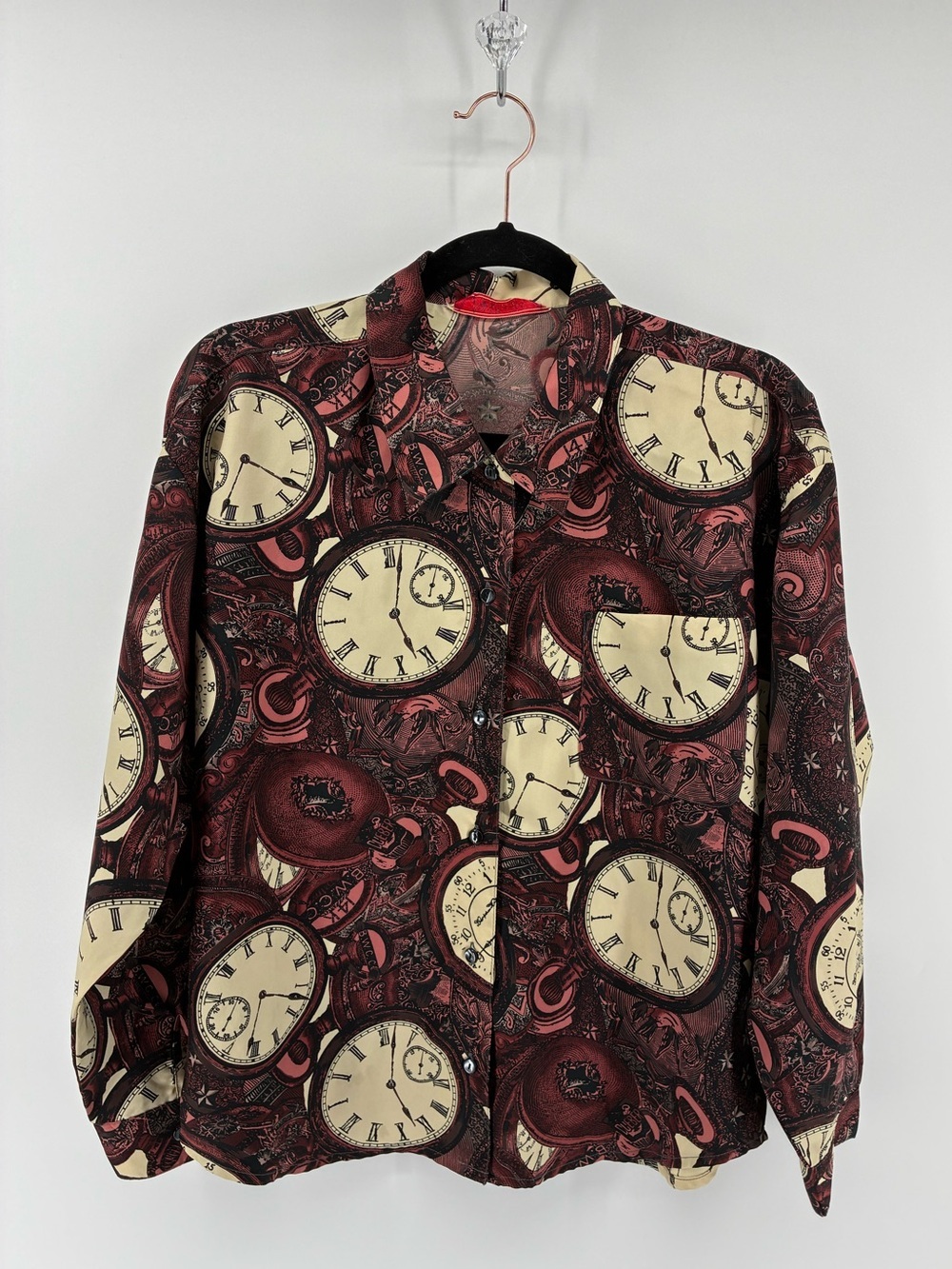 Marshall Lester Vintage Clock Button Up Blouse Time Roman Numerals
